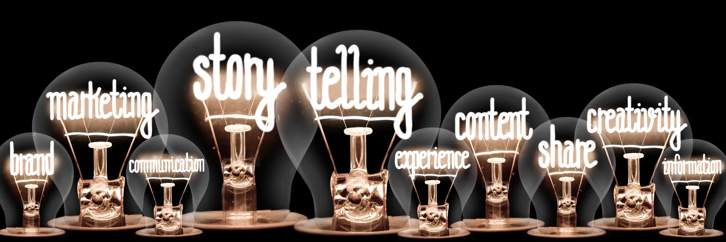 Row of lightbulbs labelled with storytelling words
